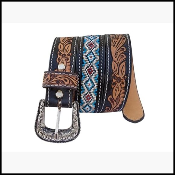 Genuine Leather Western Belt with Handtooled Design and Beads